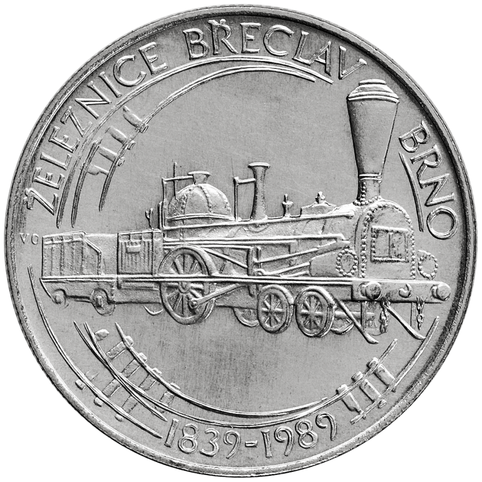 Pamětní stříbrná mince 50 Kčs 150. výročí zahájení železniční dopravy na trati Břeclav - Brno 1989