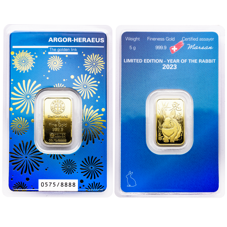 Investiční zlatý slitek Argor-Heraeus 5 g - Rok králíka 2023.