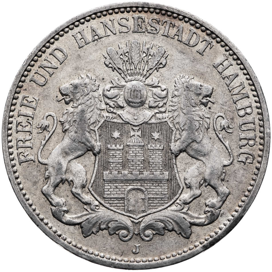 Stříbrná mince 3 Mark 1909 J, Freie Und Hansestadt Hamburg