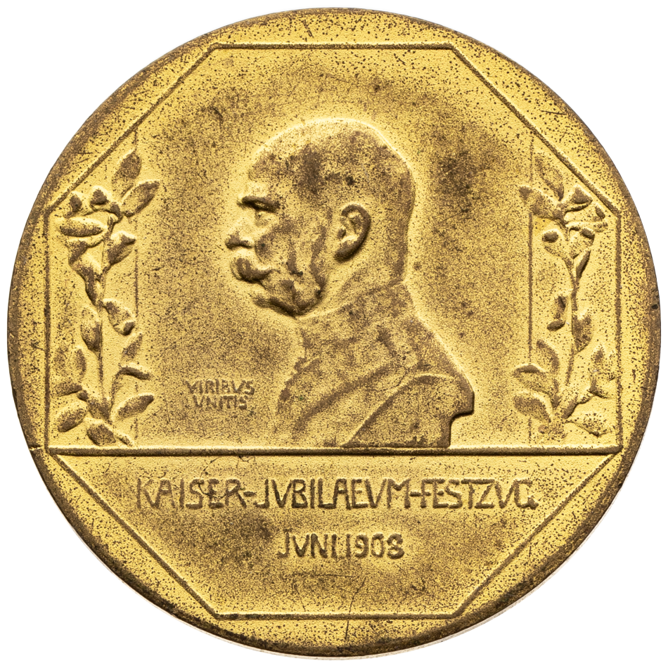 Pozlacená holdovací medaile na císařské jubileum 60. výročí vlády 1908