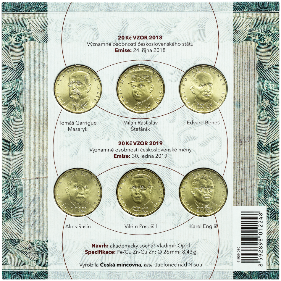 Sada dvacetikorunových mincí ke 100 letům Československa 2019