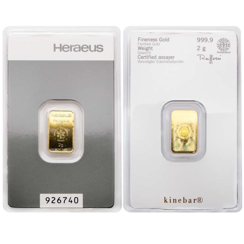 Zlatý slitek Heraeus 2 g – Německo