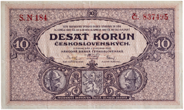 Československá bankovka 10 korun 1927 - série N - neperforovaná -