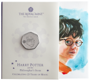 50 pence, mince 25 let Harryho Pottera v blistru