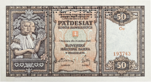 Bankovka 50 korún  1940, perforovaná, serie Oe
